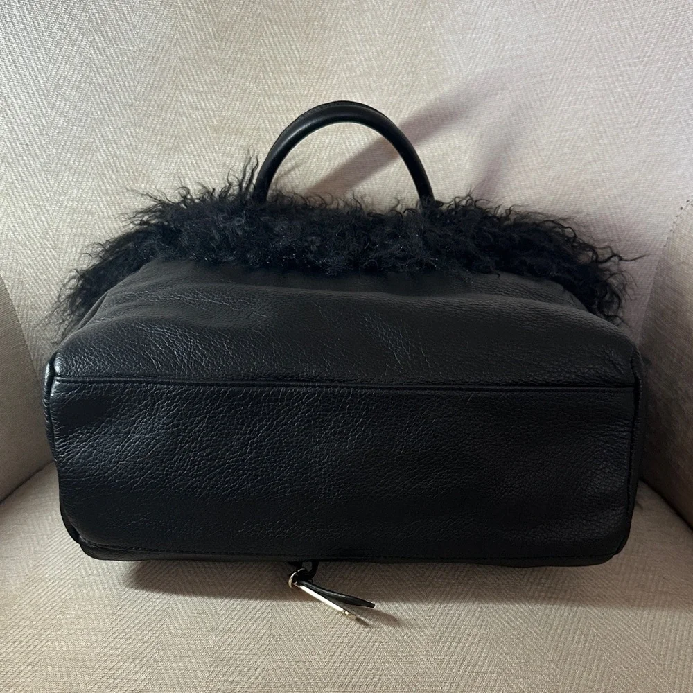 Aqua Madonna Elegant Black Satchel with Plush Fur Trim